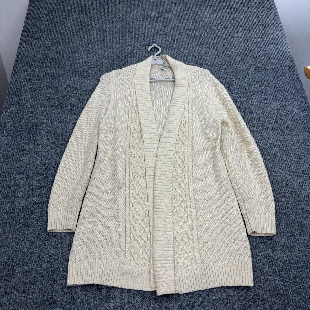 LL Bean Cardigan Womens XL Cream Cotton Blendโ Cable Knit Open Front Classic